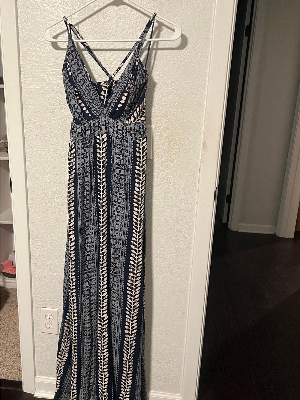 Angie Navy Blue and White Printed Maxi Dress with Strappy Back